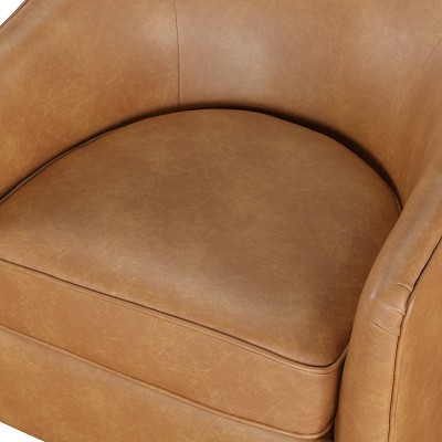 Saddle Brown Faux Leather Wood Swivel Barrel Chair