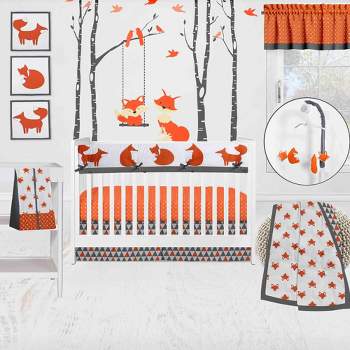 Bacati - Playful Fox Orange Gray 10 pc Crib Bedding Set with Long Rail Guard Cover