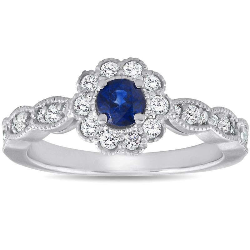 Pompeii3 5/8 ct Blue Sapphire Halo Vintage Diamond Engagement Ring 14k White Gold, 1 of 5