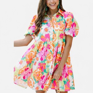 Amaryllis Women's Tiered Shirt Dress Button Front Collared Puff Sleeve Relaxed Fit Flowy Babydoll Dress - 1 of 4