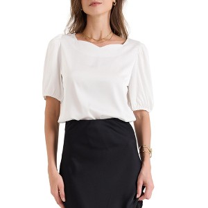 INSPIRE CHIC Women's Work Elegant Sweetheart Neck Half Puff Sleeve Office Work Satin Blouse - 1 of 4