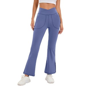 WhizMax Women's High-Waisted Flared Yoga Pants with Side Slits and Pockets - 1 of 4