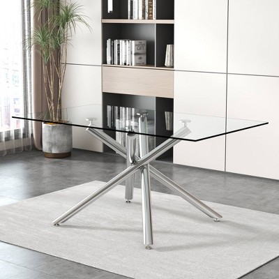 NicBex Dining Table 71" Modern Minimalist Rectangular Glass Tabletop with Chrome Metal Legs for Dining Room