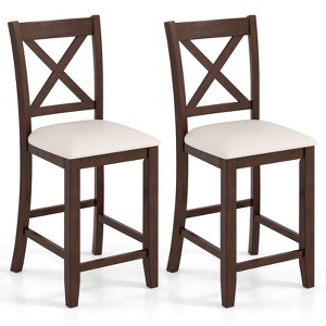 Costway Rubber Wooden Bar Stools Set of 2/4 with Footrest Comfortable Linen Cushion - 1 of 4