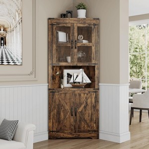 Coucheta Farmhouse Corner Hutch with Lights, Glass Doors & Adjustable Shelves, 67’‘ Tall, Warm Wood Finish - 1 of 4