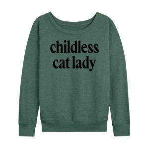 Women's - Instant Message - Childless Cat Lady Black Lightweight French Terry Wide Neck Long Sleeve Graphic Shirt - 1 of 4