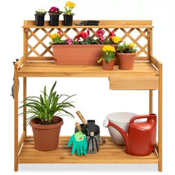 Best Choice Products Outdoor Wooden Garden Potting Bench, Workstation Table w/ Cabinet Drawer, Open Shelf - Natural