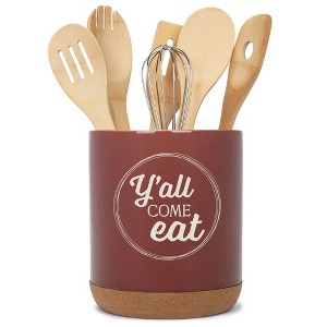 Elanze Designs Y'all Come Eat Southern Accent Ceramic Cork Bottom Red Large Capacity Utensil Holder Crock for Countertop Storage, Stylish & Durable - 1 of 4