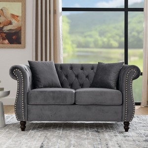 58.8" Chesterfield Grey Velvet 2 Seater Sofa. Tufted, rolled arms, nailhead. For living room, bedroom, office, apartment. Comes with two pillows. - 1 of 4
