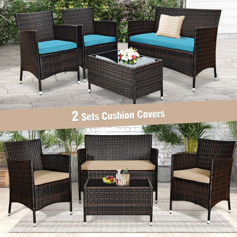Costway 4PCS Patio Wicker Furniture Set Sofa Chair with Brown & Grey Cushion Covers Garden, 4 of 11