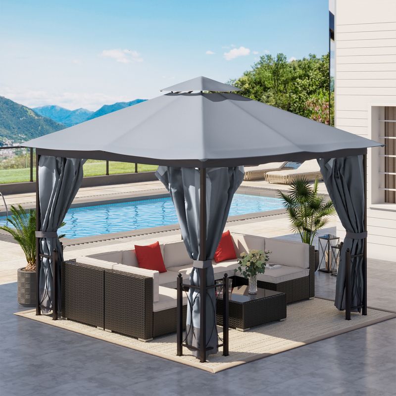 Outsunny 13' x 11' Patio Gazebo Canopy Garden Tent Sun Shade, Outdoor Shelter with 2 Tier Roof, Netting and Curtains, Steel Frame for Patio, Backyard, Garden, 2 of 7
