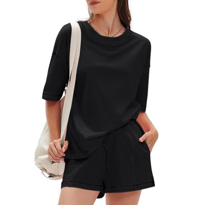 EXLURA Women's Casual Summer 2 Piece Sets 100% Cotton Short Sleeve Tshirt and Shorts Matching Sweatsuits Lounge Set 2025
