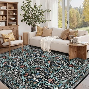 Acekool Washable Area Rug, Non-Slip Floral Botanical Carpet, Soft Low Pile Throw Rug for Living Room Bedroom Kitchen, Stain Resistant - 1 of 4
