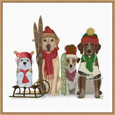 22" x 22" Christmas Dogs Winter Sports Fans Framed Wall Canvas - Amanti Art