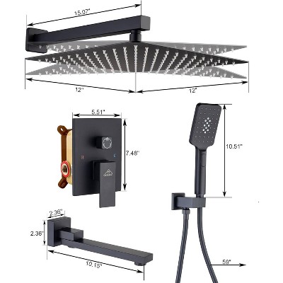 Matte Black 12" Wall Mount Square Shower System with Handheld Spray