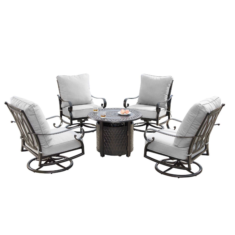 5pc Set with 34"" Outdoor Round Aluminum Propane Fire Table & 4 Deep Seating Swivel Rocking Chairs & Lid - Oakland Living -  85307739