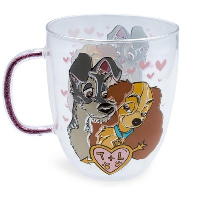 Silver Buffalo Disney Lady and the Tramp Glitter Handle Glass Mug | Holds 14 Ounces