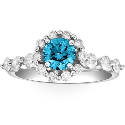 Pompeii3 1 1/2Ct Blue & White Diamond Halo Engagement Ring in 10k White Gold