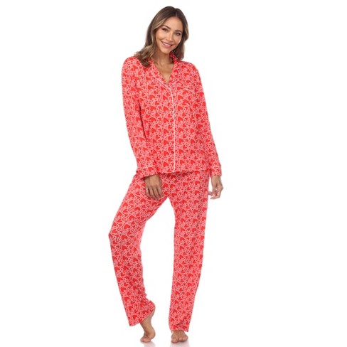 Women's Long Sleeve Heart Print Pajama Set Red Small - White Mark : Target