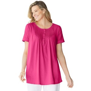 Woman Within Plus Size Short-Sleeve Pintucked Henley Tunic - 1 of 4
