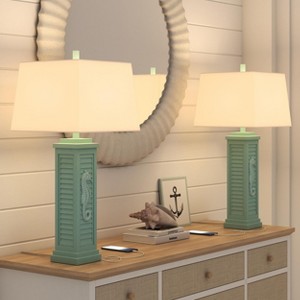 SEA WINDS 32” Resin Teal Sea Horse Shutter Lamp with USB, sold as 2 pack - 1 of 4