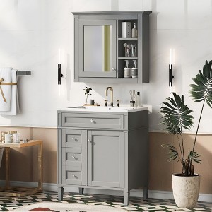 Okak Modern 30" Bathroom Vanity with Top Sink & Mirror Cabinet,  Solid Wood Frame Storage Cabinet with 2 Drawers and a Tip-out Drawer, Gray - 1 of 4