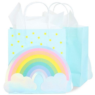 15 Pack Rainbow Diecut White Kraft Bags with White Handle - with 20pc White Tissue Paper