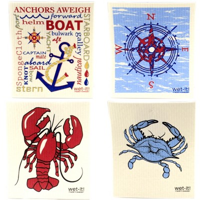 Swedish Dish Cloth 7.75" Nautical Set Absorbent Cleaning Cloth  Crab Lobster  -  Dish Cloth