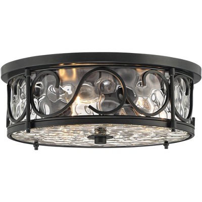 Matte Black Rustic Flush Mount Ceiling Light with Hammered Glass