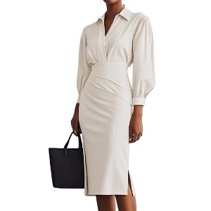 Women's Collared V Neck Long Sleeve Midi Dress High Waisted Pencil Skirt Elegant  Office Work Dress : Target