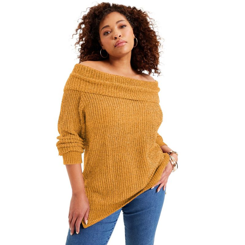 June + Vie by Roaman's Women’s Plus Size Chenille Off-The-Shoulder Sweater, 1 of 2