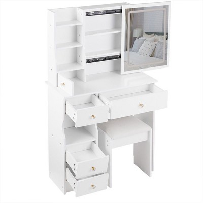 NicBex Makeup Vanity Desk with Left Drawers & Cushioned Stool,Wood Makeup Table with Sliding Mirror for Bedroom