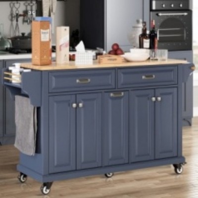 Wood Top Kitchen Island Cart with Wheels, Drawers, Spice Rack, Rolling Storage Cabinet for Kitchen or Dining – The Pop Home