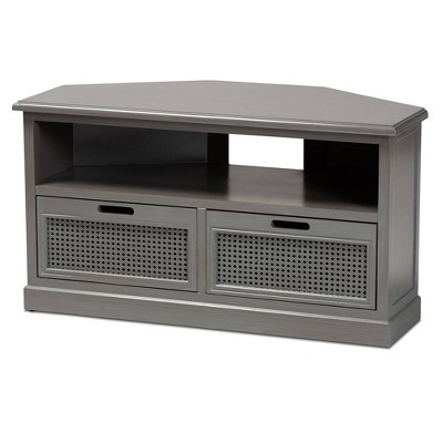 Sheldon Vintage Wood and Synthetic Rattan 2 Drawer Corner TV Stand for TVs up to 35" Gray - Baxton Studio