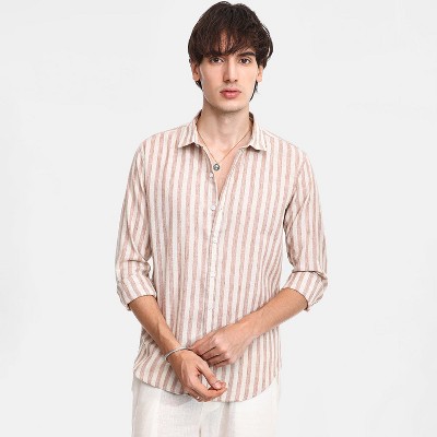 Campus Sutra Men Men's Tan Brown Heathered-Stripe Shirt