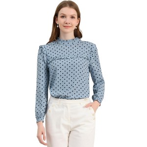 Allegra K Women's Vintage Ruffle Stand Collar Long Sleeves Polka Dots Blouse - 1 of 4