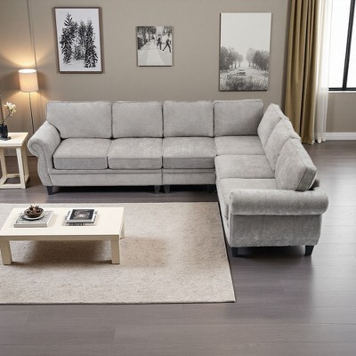109.5" Chenille Modular L-Shaped 6-Seater Sectional Sofa, Rolled Armrest, 7 Cushions