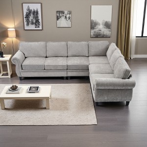 109.5" Chenille Modular L-Shaped 6-Seater Sectional Sofa, Rolled Armrest, 7 Cushions - 1 of 4