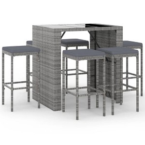 vidaXL Patio Bar Set 7 Piece – Gray Poly Rattan, Tempered Glass Tabletop, Cushions Included, Outdoor Garden Furniture - 1 of 4