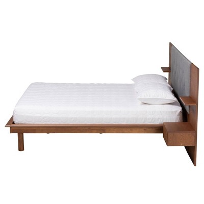 Gray and Walnut Queen Upholstered Wood Platform Storage Bed
