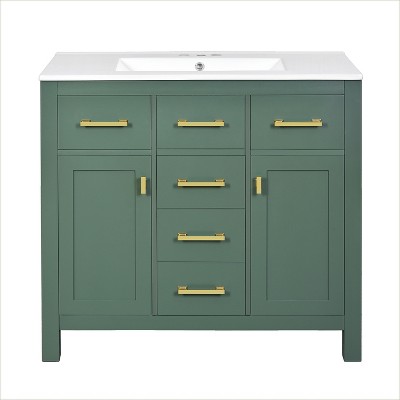 Vynxaria 36 inch Emerald Green Modern Freestanding Single Sink Bath Vanity with White Ceramic Top Four Full Extension Drawers Two Soft Close Doors
