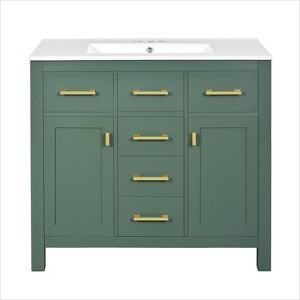 Vynxaria 36 inch Emerald Green Modern Freestanding Single Sink Bath Vanity with White Ceramic Top Four Full Extension Drawers Two Soft Close Doors - 1 of 4