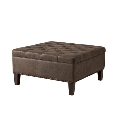 Brown Tufted Faux Leather Ottoman with Birch Legs