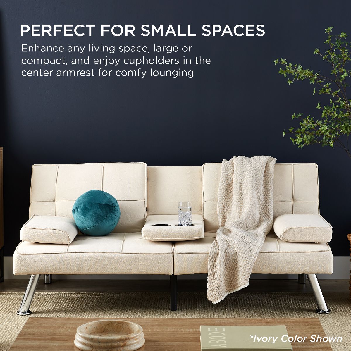 Best Choice Products Modern Linen Convertible Futon Sofa Bed w/ Removable Armrests, Metal Legs, Cupholders - Beige - thumbnail 6