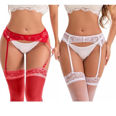 target garter belt INSPIRE CHIC Women's Hollow Lace Adjustable Strap Lightweight Garter Belts  with Four Clips Stockings Suspender 2 Packs 1 Red+1 White Large