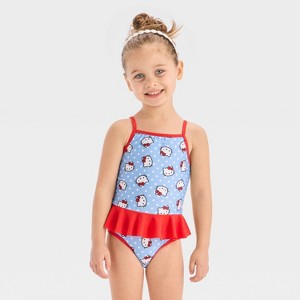 Toddler Girls' Hello Kitty Polka Dot One Piece Swimsuit - Light Blue/Red - 1 of 3