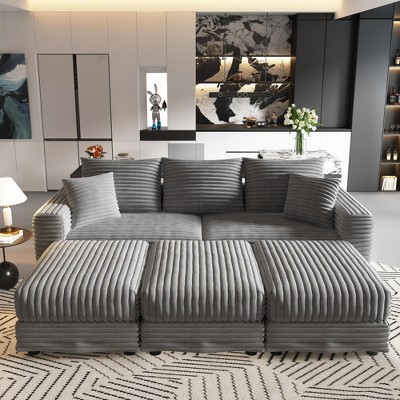 82.7'' Plush Corduroy Upholstered Convertible Sectional Sofas with Movable Ottomans, Deep Seat and Convertible Lounge Chair for Modern Living Room