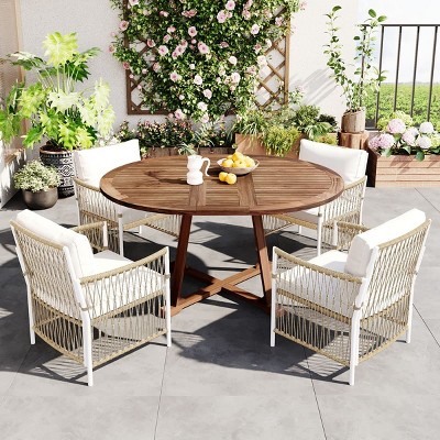 5 Piece Round Wooden Patio Dining Set with 12in Butterfly Leaf and 4 Rattan Arm Chairs for Garden Balcony Backyard or Poolside–The Pop Home