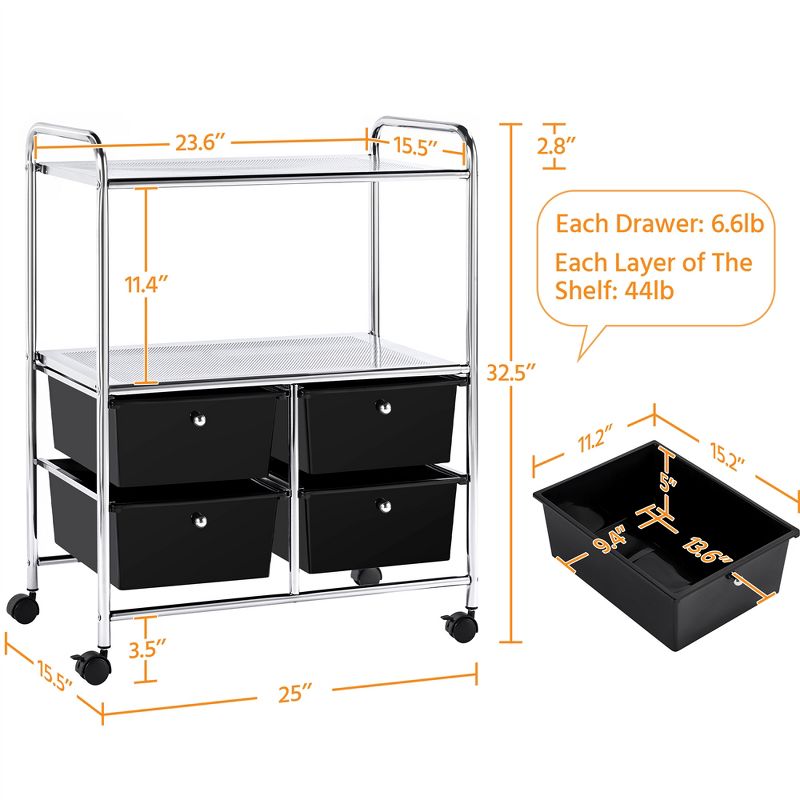 Yaheetech 4-Drawer & 2-Shelf Rolling Storage Cart with Wheels,Black, 3 of 9