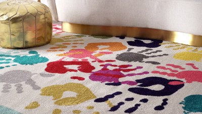 Multicolor Handprint Round Synthetic Kids Rug